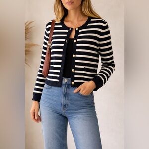 J.Crew NWOT SZ M Emile Sweater Jacket Black & Ivory Stripe Gold Button Cardigan!
